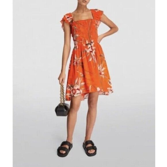 AllSaints Woman's US Sz 8 Malika Dorada Mini Dress Orange Floral - Picture 1 of 11